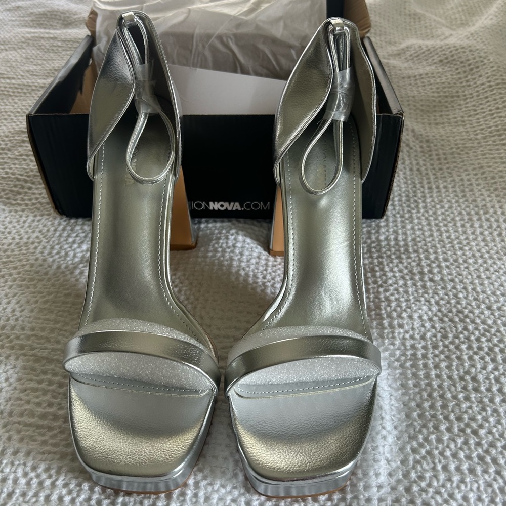 Silver strappy block platform heel